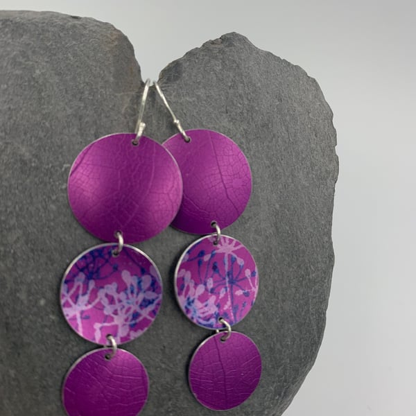 Statement anodised aluminium 3 circle dangly earrings in dark pink