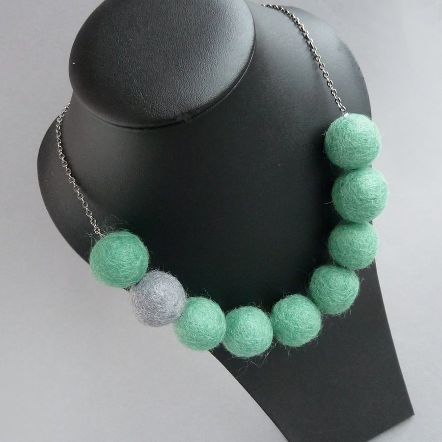 Chunky Jade Green Felted Necklace - Colourful Colour Block Felt Ball Jewellery