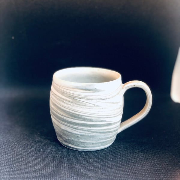 Handmade ceramic agate mug, stripes of white and grey