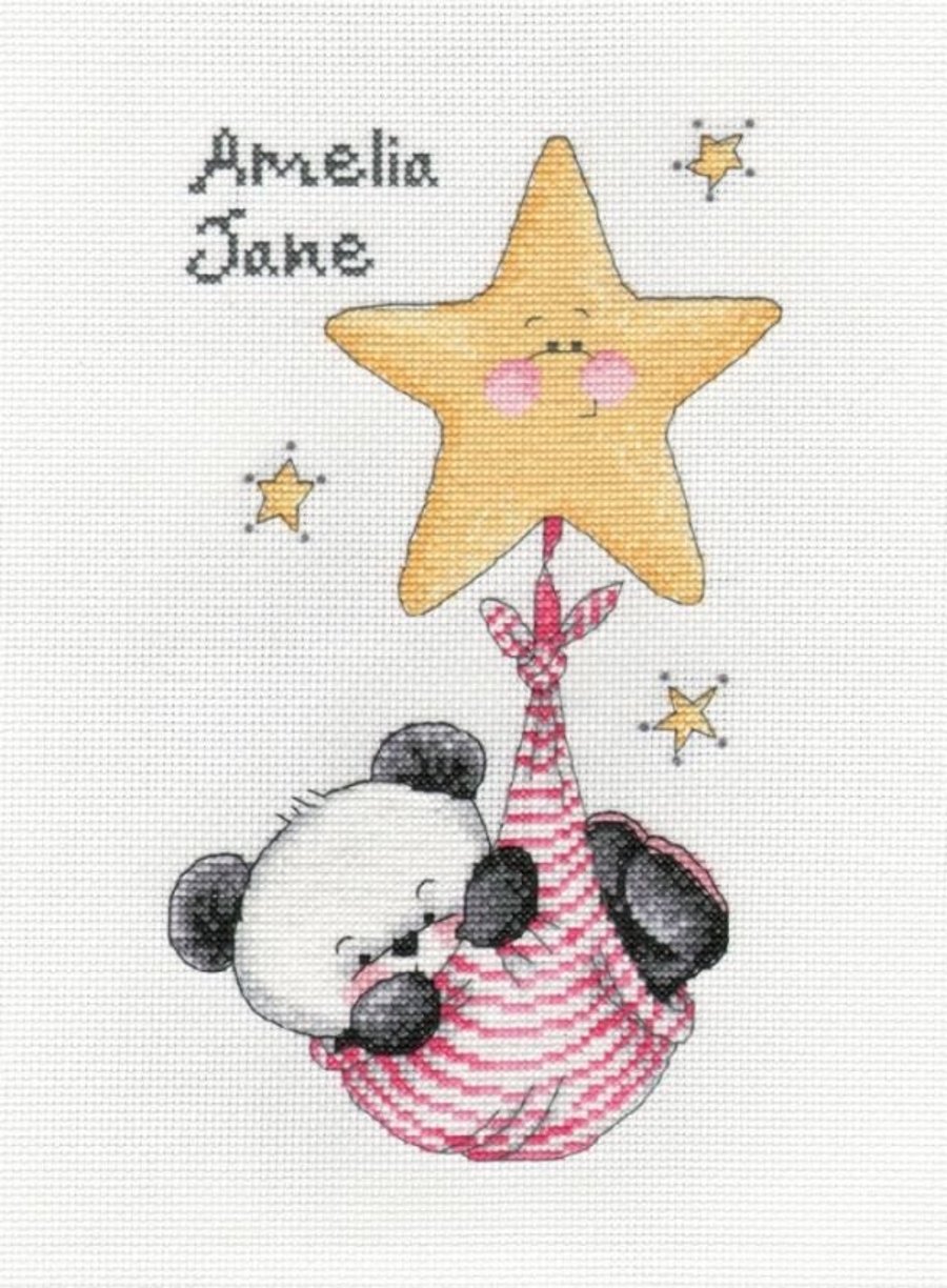 Party Paws Bamboo swinging on a star baby girl cross stitch chart
