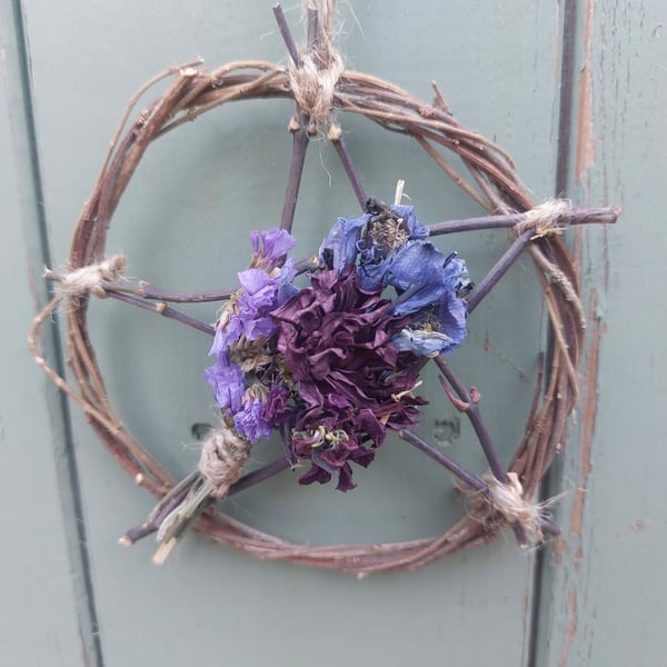 Dried Flower and Foliage Small Pentagram. Handmade. 10cm Diameter.