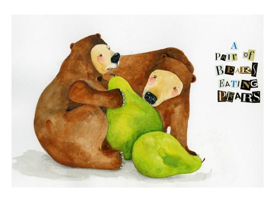 Bears eating Pears A4 Giclee print 8x11 illustration art print