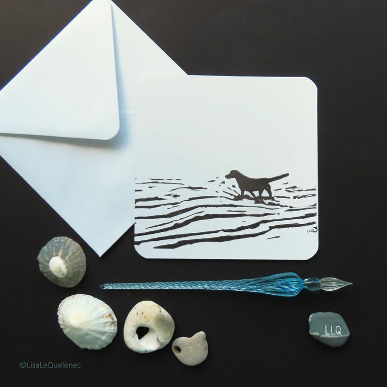 Hand printed art card dog at the beach