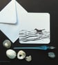 Hand printed art card dog at the beach