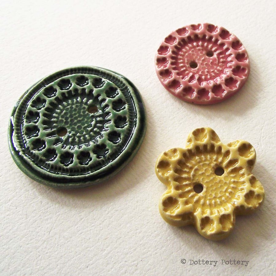 Set of three handmade ceramic buttons pottery buttons pink yellow green