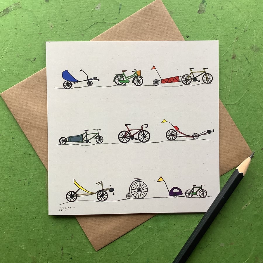 All sorts of cycles. Greetings card. Blank. Cycling. Bicycles