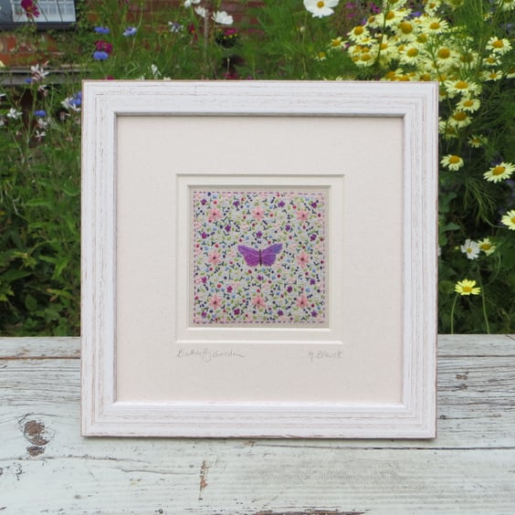 Butterfly Garden hand-stitched embroidery inspired by nature, intricate,detailed