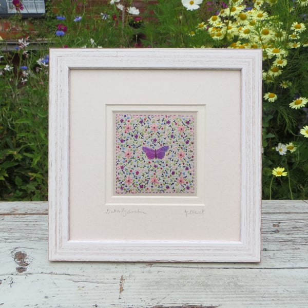 Butterfly Garden hand-stitched embroidery inspired by nature, intricate,detailed