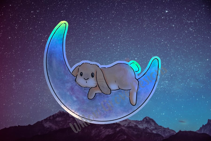 Silver pearlescent sleeping bunny on moon sticker large