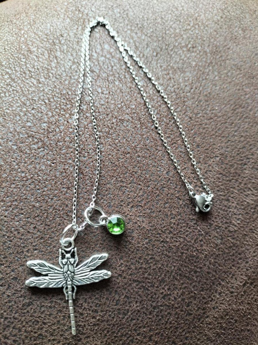 Tibetan Silver Dragonfly and Green CZ Charms, Necklace 18inch Chain