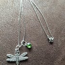 Tibetan Silver Dragonfly and Green CZ Charms, Necklace 18inch Chain