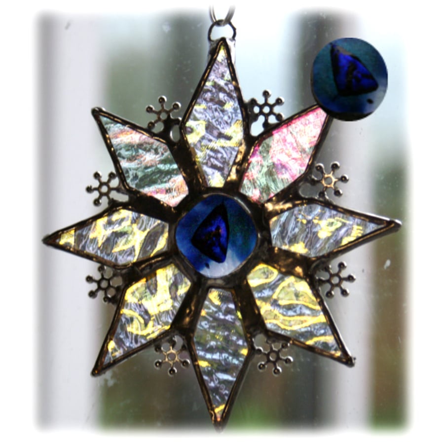 RESERVED Sparkly Star Suncatcher Stained Glass Snowflake Blue 9.5cm 049