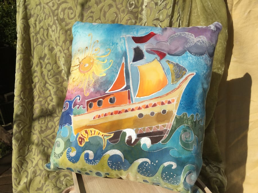 Handmade silk cushion, boat and sea design hand painted original .