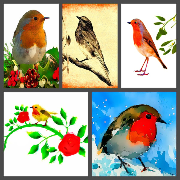 Five Robin Christmas Cards;  6" x 4" (15.24cm x 10.16cm) 