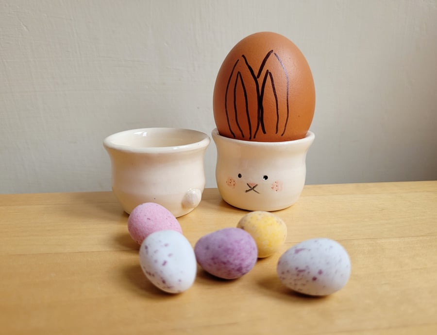 Handmade pottery bunny rabbit egg cup handthrown ceramic gift egg holder wt tail