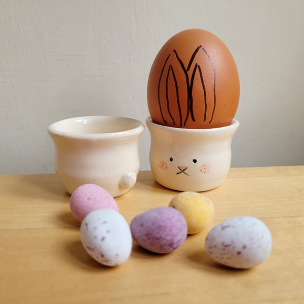Handmade pottery bunny rabbit egg cup handthrown ceramic gift egg holder wt tail