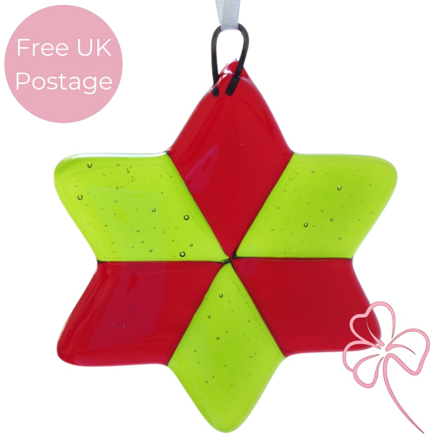 Bright Green & Red Fused Glass Star Hanging Decoration 