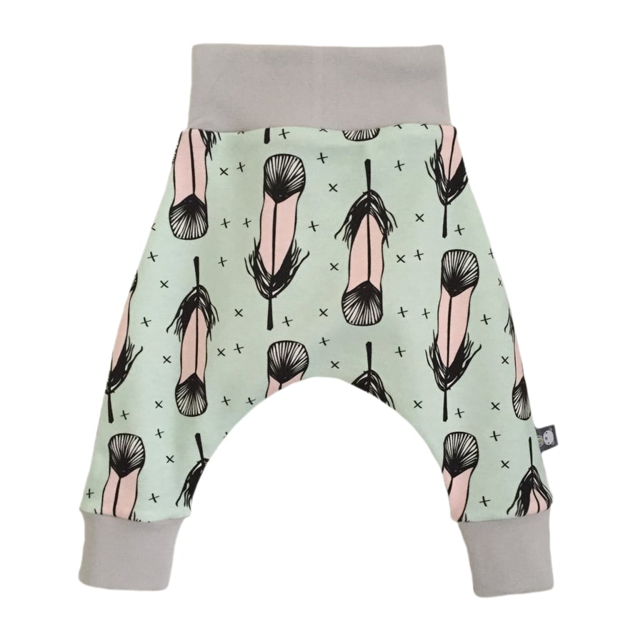 ORGANIC Baby HAREM PANTS Relaxed Trousers FEATHERS on Mint Green Baby Gift Ide