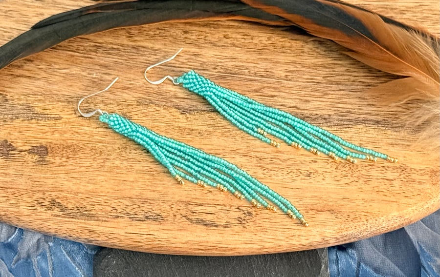 Very pale green beadwork tassel fringe earrings