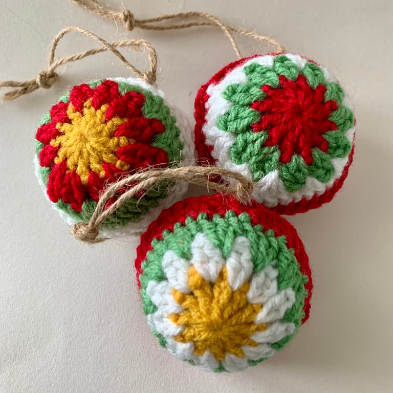 Small crochet Christmas baubles, set of three tree decorations 