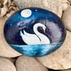 Hand Painted Swan On Moonlit Lake Large Stone Rock Art Swan Painted Stone