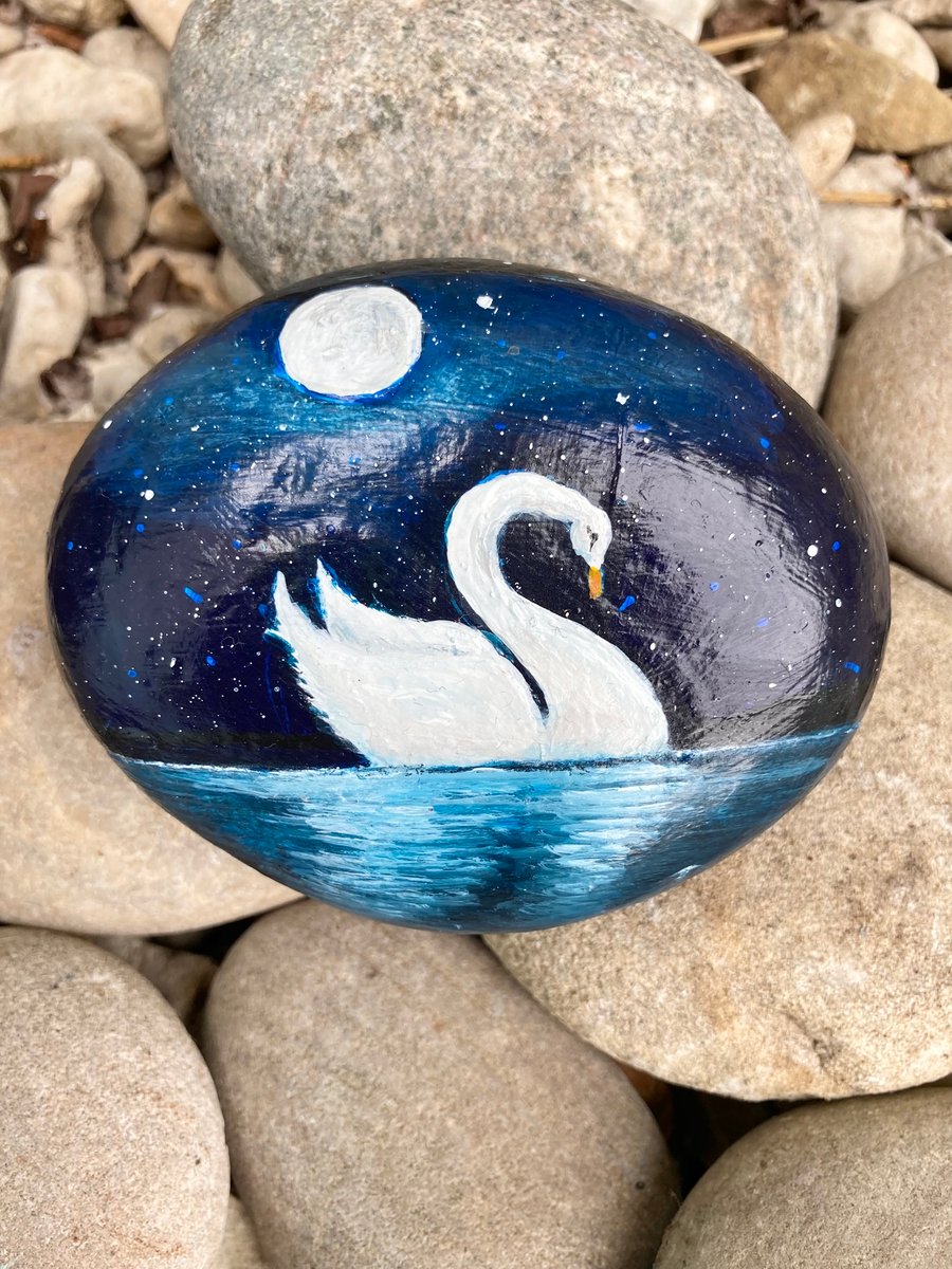 Hand Painted Swan On Moonlit Lake Large Stone Rock Art Swan Painted Stone
