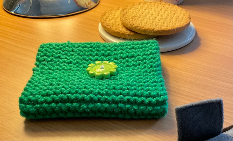 Coffee Cup Cosy Green knitted with Cute decorative Flower Button