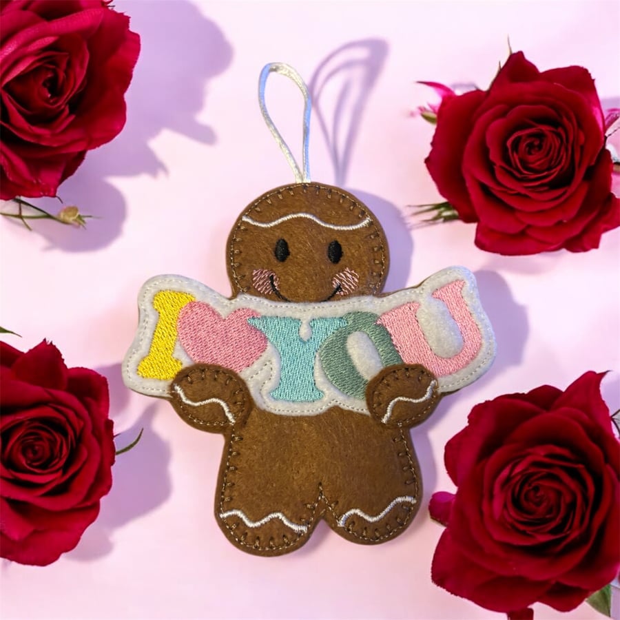 Gingerbread person holding I love you banner Embroidered Hanging Keepsake 