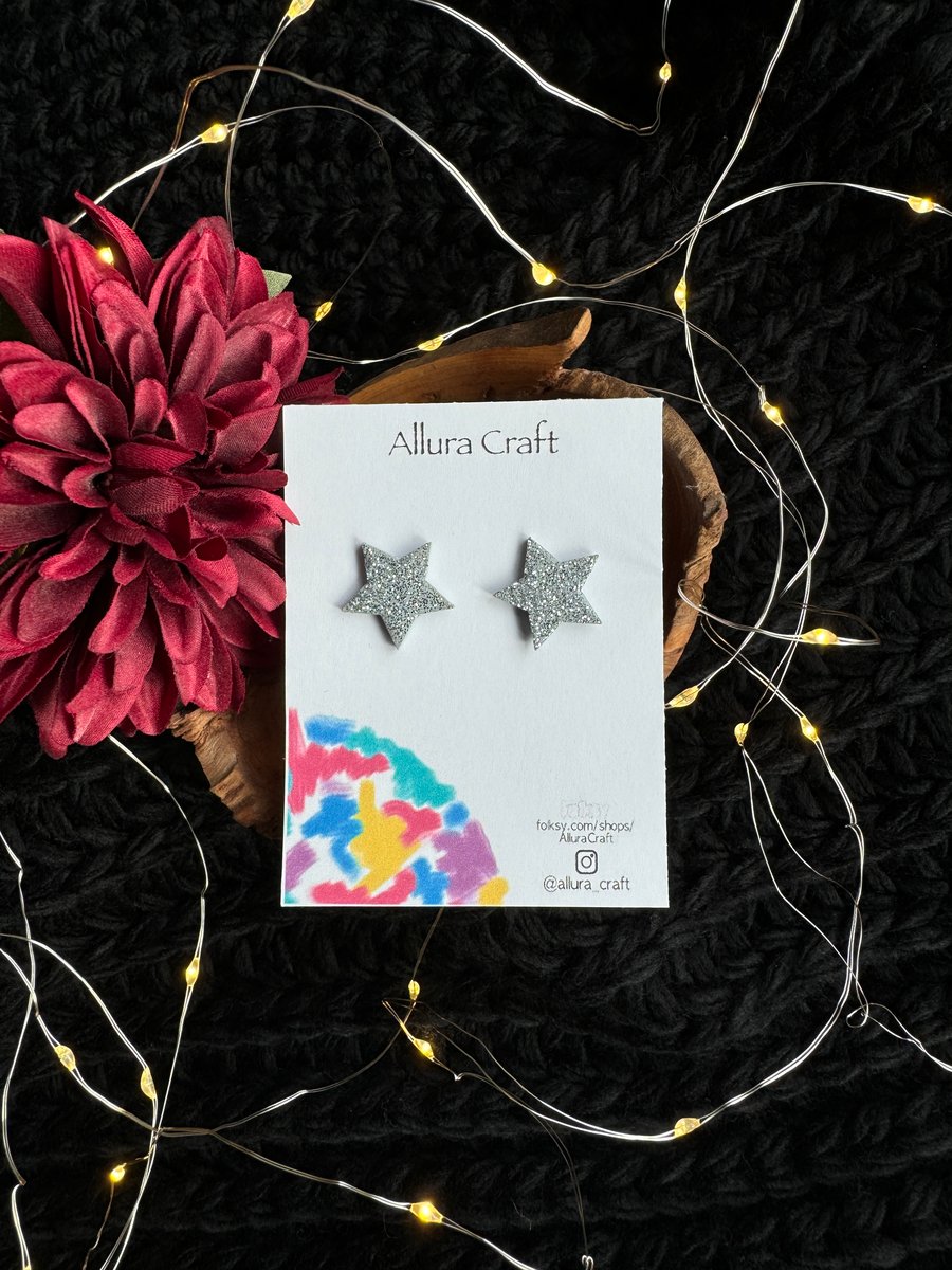 Silver Glitter Star Stud Earrings