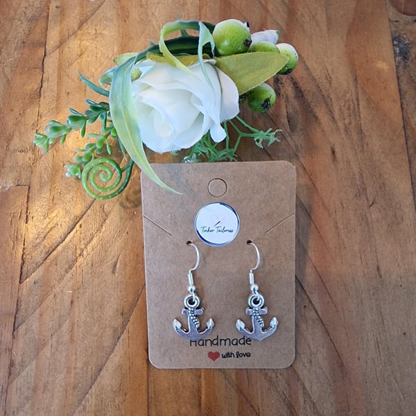 Antique Silver Toned Anchor Drop Earrings