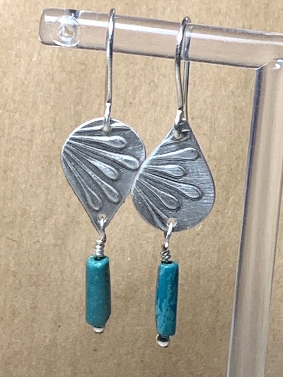 Handmade teardrop shaped brushed silver and turquoise earrings 