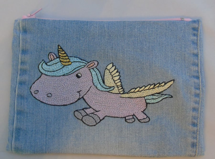  Unicorn Zippered Pouch Hand Embroidered onto Denim