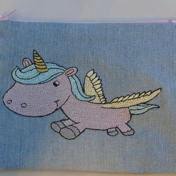  Unicorn Zippered Pouch Hand Embroidered onto Denim