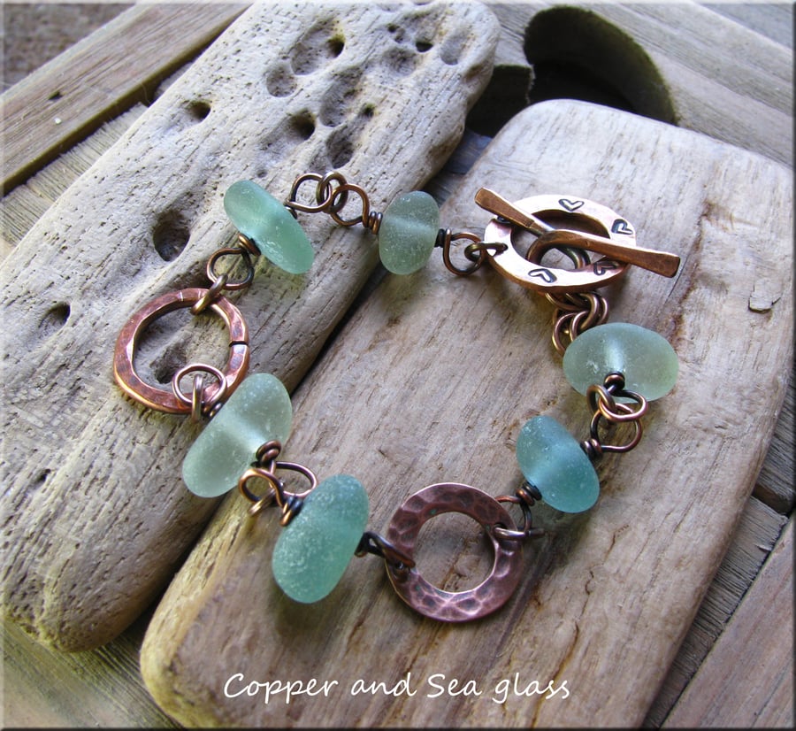 Copper and sea glass bracelet