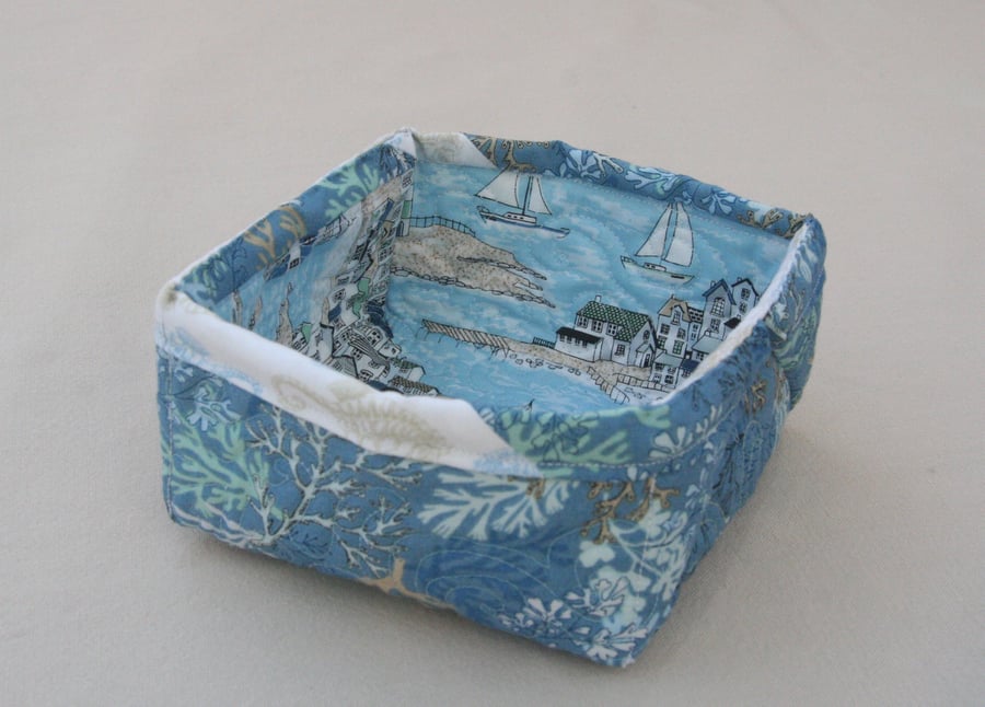 Quilted Fabric Storage Box featuring Coral and Seaside scene printed fabric