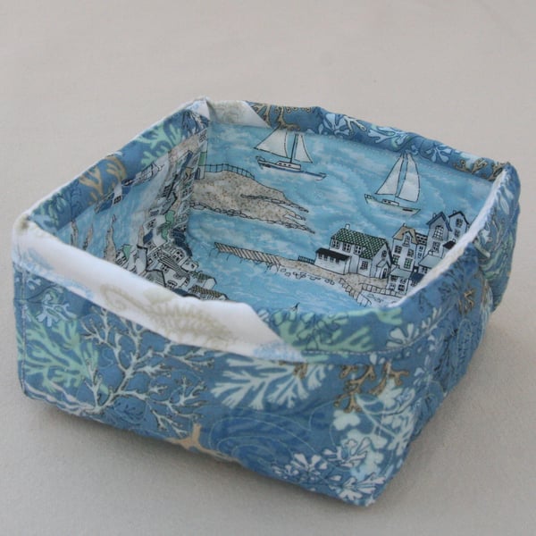 Quilted Fabric Storage Box featuring Coral and Seaside scene printed fabric