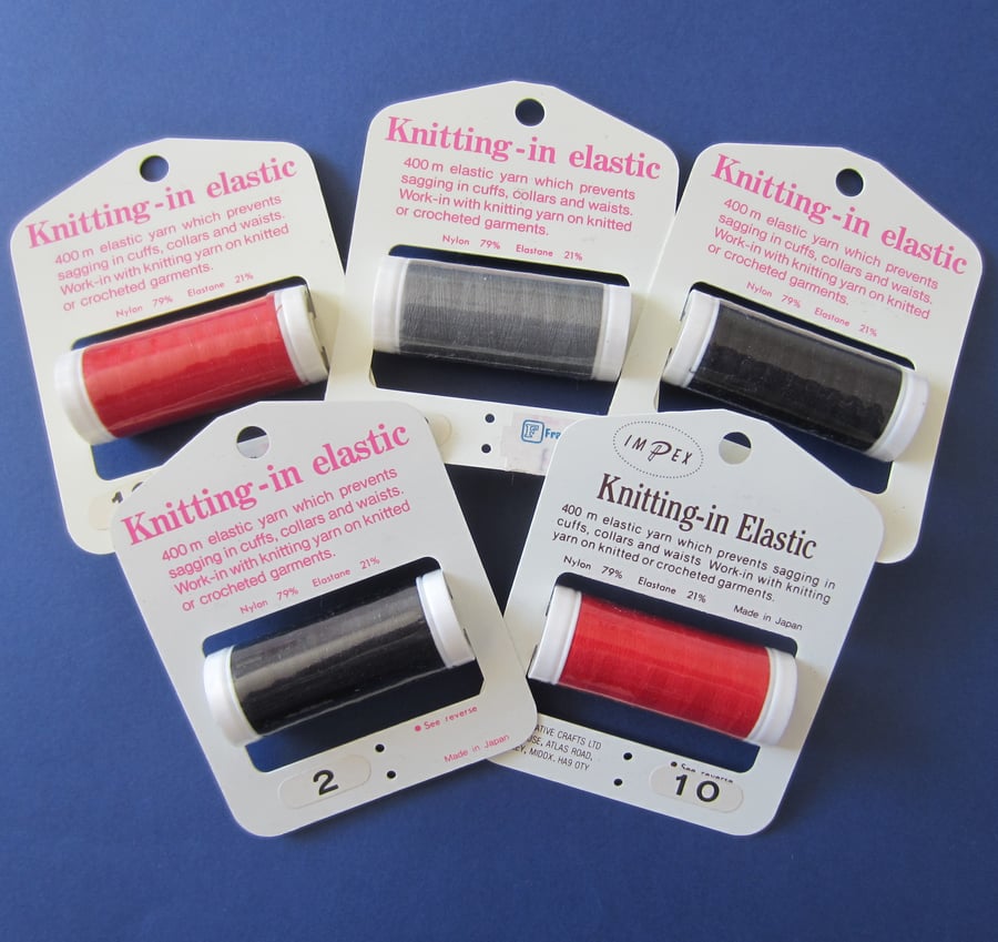 SALE 5 Reels of Knitting - in Elastic Yarn. Red, Black and Grey 400 m Reels.