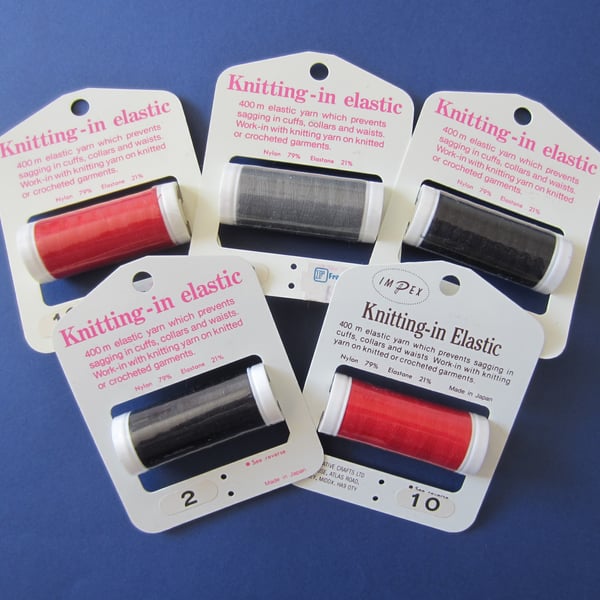 SALE 5 Reels of Knitting - in Elastic Yarn. Red, Black and Grey 400 m Reels.