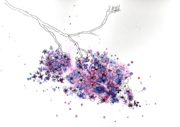 Purple lilac sprig, framed original watercolour painting 