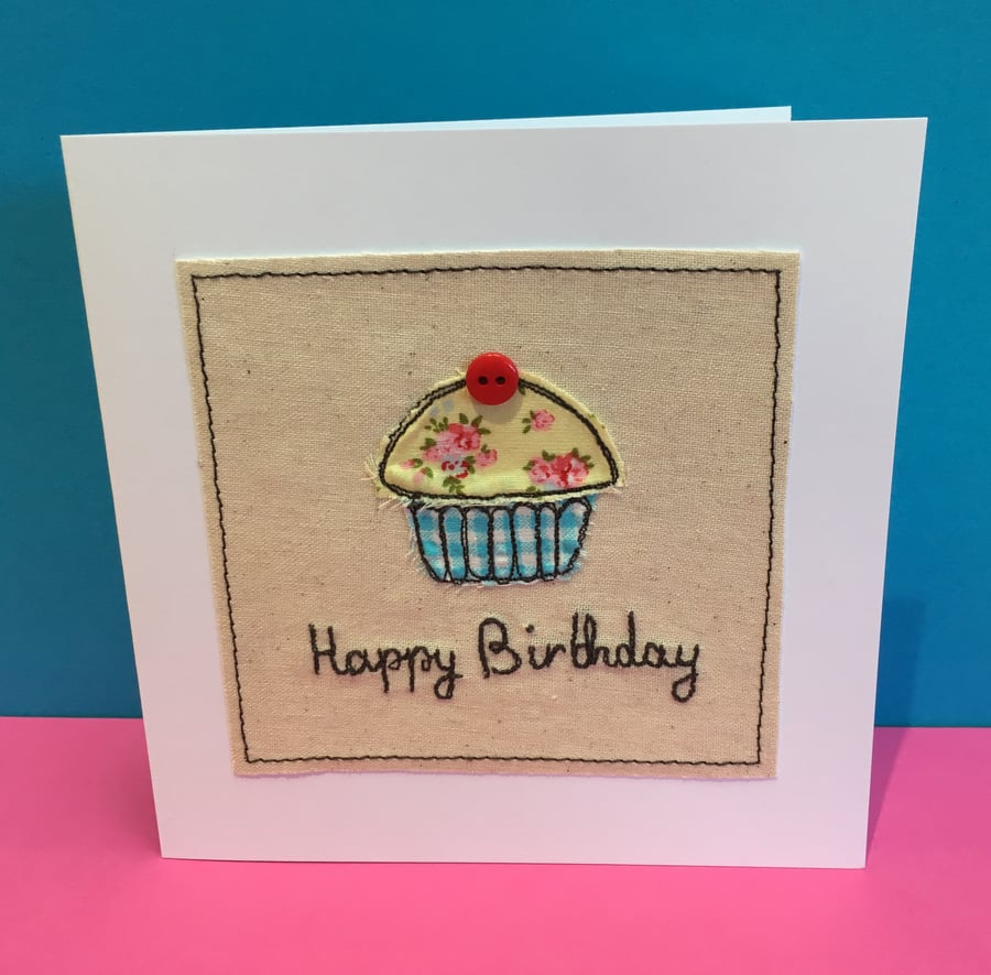 Cupcake Birthday Card - Machine Embroidered Birthday Card