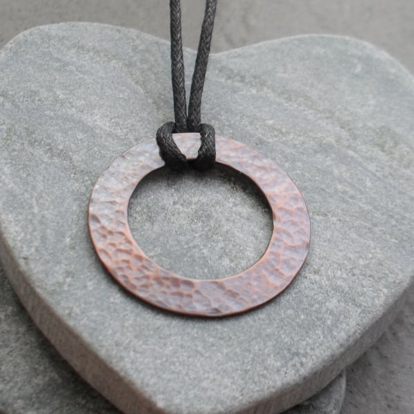 Oxidised Copper pendant With Black Waxed Cord Vintage 