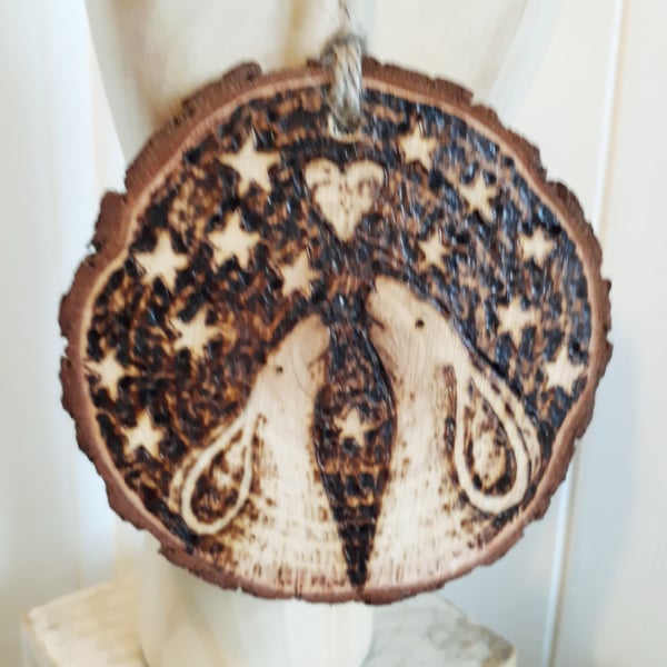 Pyrography moon gazing hares wood slice hanging decoration