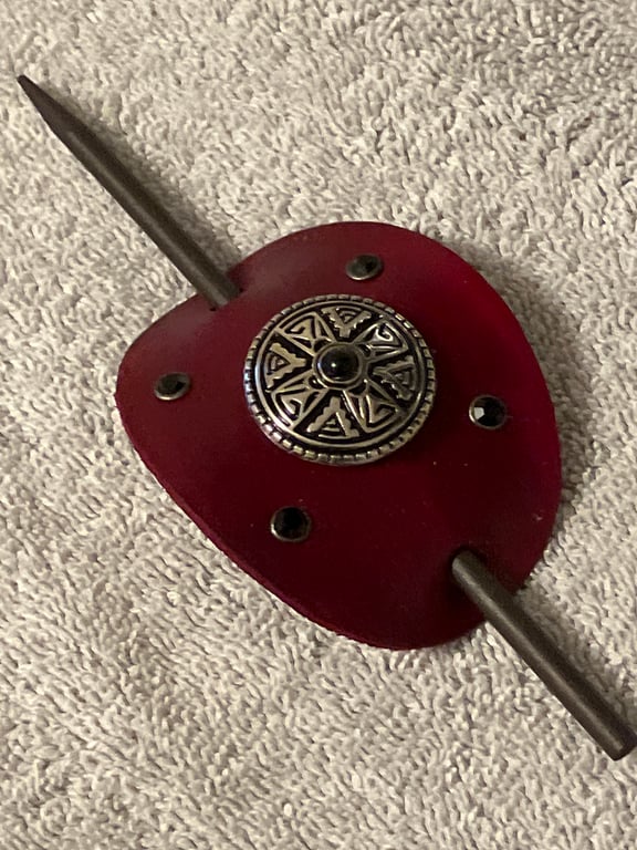 Red Leather Hair Stick Barrette with Decorative Centre and 4 Black Gemstones