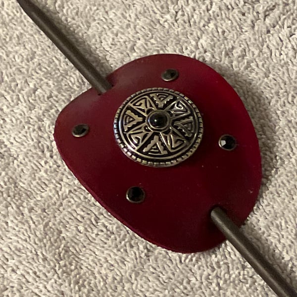 Red Leather Hair Stick Barrette with Decorative Centre and 4 Black Gemstones