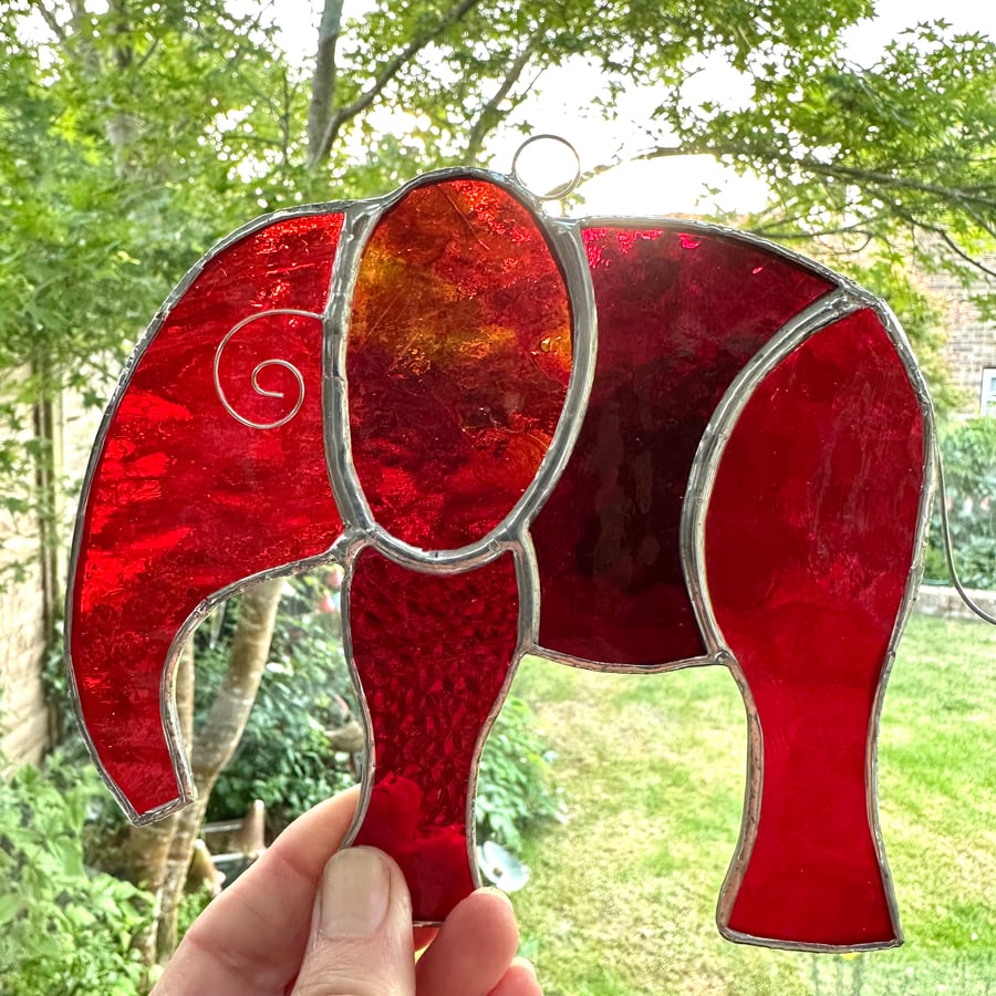 Stained Glass Elephant Suncatchers - Handmade Hanging Decoration - Red