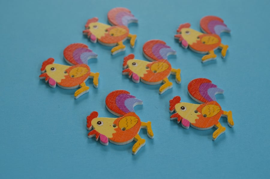 Wooden Cockerel Buttons Orange Yellow Red 6pk 30x30mm Chicken Hen (CK4)
