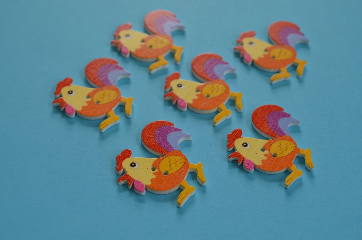 Wooden Cockerel Buttons Orange Yellow Red 6pk 30x30mm Chicken Hen (CK4)