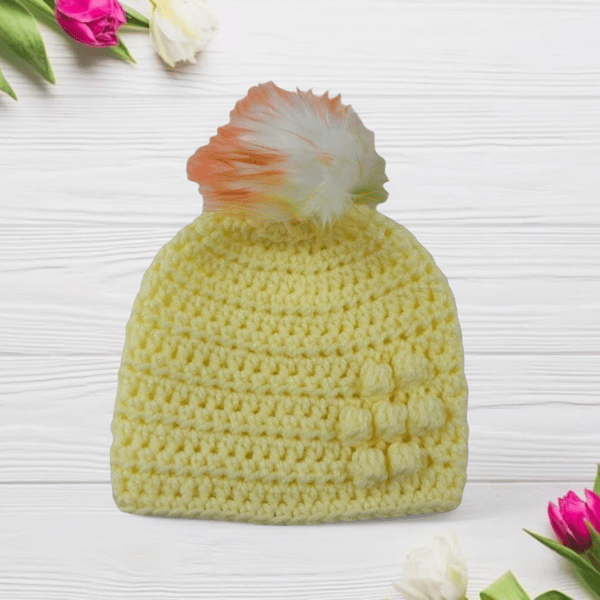Lemon baby crocheted hat white faux fur pompom with orange yellow & green 