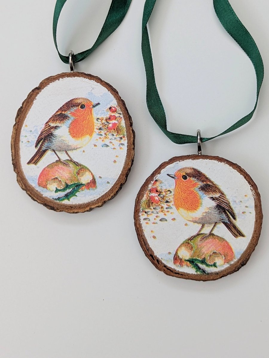 Christmas tree decorations - robins in the snow - pair of decoupaged wood slices
