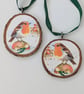 Christmas tree decorations - robins in the snow - pair of decoupaged wood slices